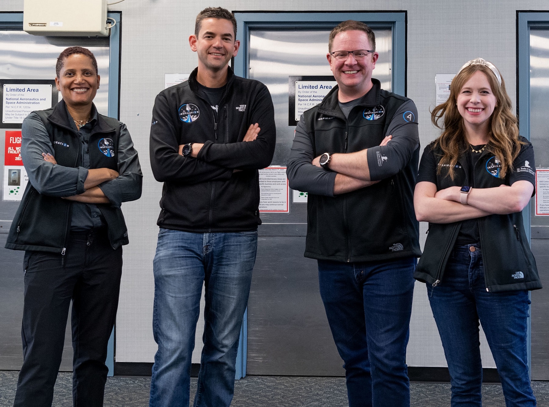 Tour for Inspiration 4 and Polaris Crews. From left: Sian Proctor, Jared Isaacman, Christopher Sembroski, Hayley Arceneaux
